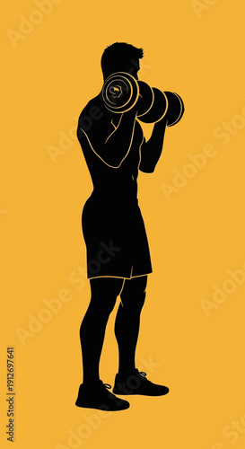 Silhouette of a man performing bicep curls with dumbbells on a plain background