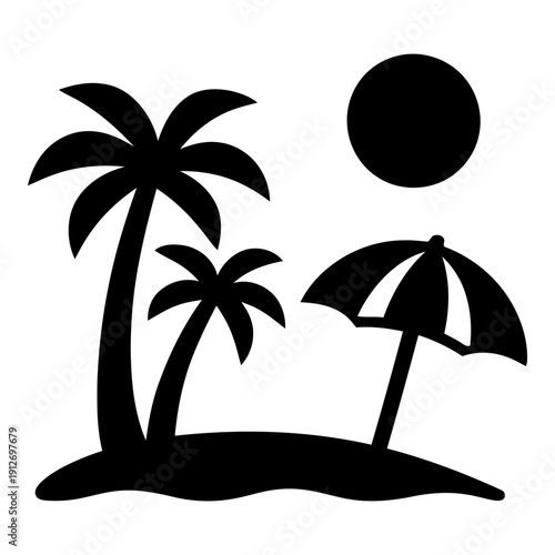 Illustration of black silhouette of palm trees and beach umbrella