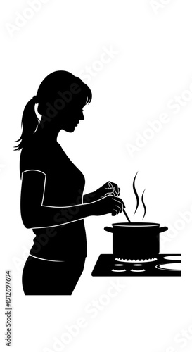 Stylized silhouette of a woman actively cooking on a stovetop, diligently stirring a steaming pot with culinary focus