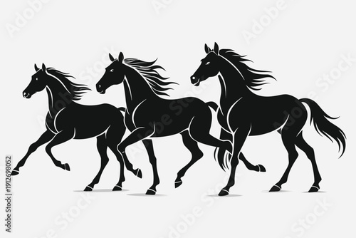 A black horse silhouette vector illustration of a wild stallion running at full speed shows the elegant mane and tail of an equestrian mammal galloping through nature