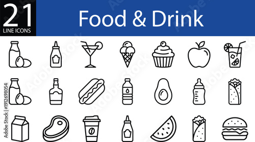 Food and drink line icon set in minimalist style, milk, fruits, meats, beverages, and desserts