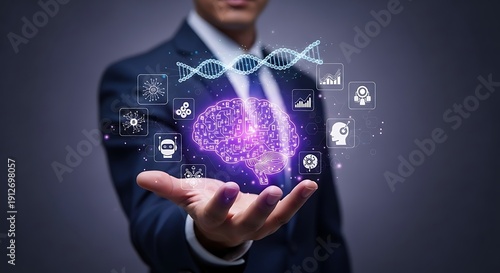 A businessman holding a glowing purple brain with various digital icons and DNA helix floating above his hand