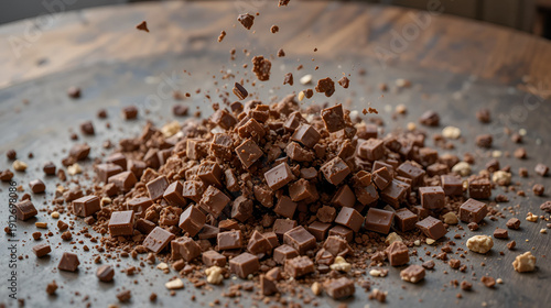 Chocolate bar exploded in chunky candy shards on a table surface