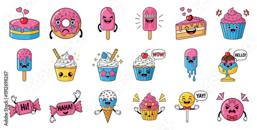 Cute Cartoon Desserts: Cupcakes, Ice Cream, Donuts, Popsicles, Candy, and Sweet Treats Illustrations