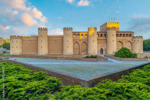 Medieval Aljafería Palace at sunrise in Zaragoza, Spain
