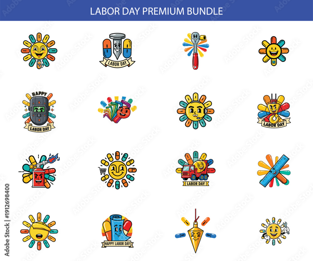 Fototapeta premium Labor Day Icon Set: Welding Mask, Pencils, and Tools for Celebration