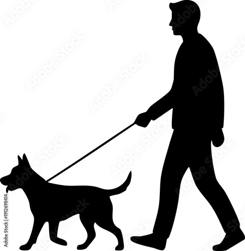 Person walking a dog on a leash silhouette isolated on white background minimalist pet care and domestic animal lifestyle illustration