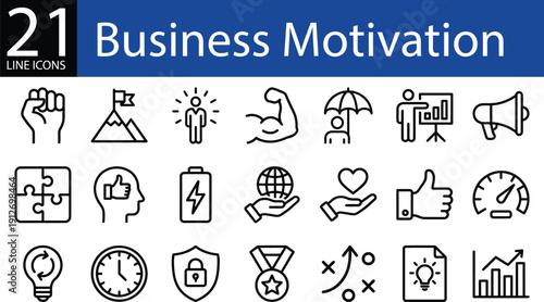 Business motivation line icon set in outline style, success, teamwork, innovation, growth, and achievement