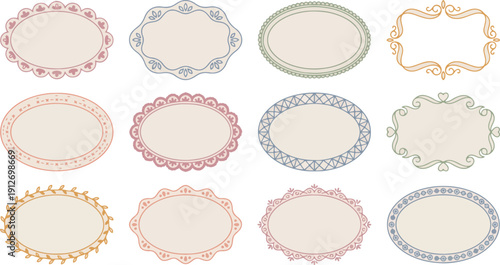 Vintage oval lace frames, frill, scallop, wavy set. Whimsical wedding or valentine decor borders. Hand drawn victorian vector decorative elements