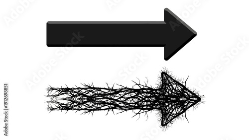contrasting arrows a simple black arrow and a complex tangled branch arrow symbolizing natural growth clear direction and choices.