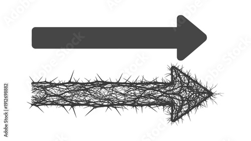 contrasting arrows show easy versus difficult path smooth above thorny symbolizing lifes choices challenges journey.