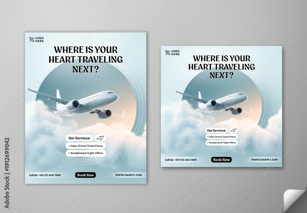 Flight Travel Posts Editable Flight Booking Social Media Post Template Set with Airplane in ...