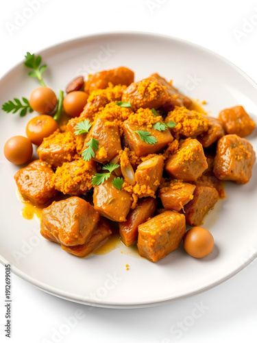Yellow spiced beef, made with shallots, turmeric, and candlenuts, on a plate isolated on white background