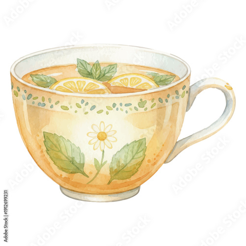 Floral Tea Cup with Summer Pattern, Vintage Style Watercolor Vector Illustration Isolated on White

