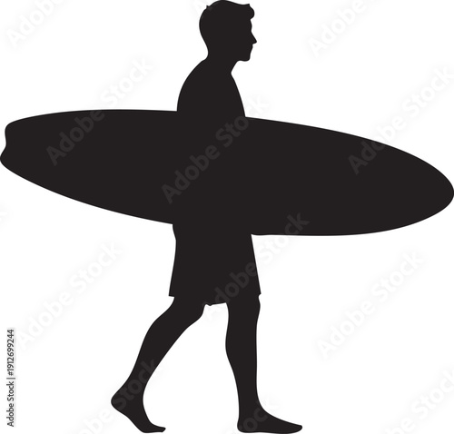 Person walking while carrying a long surfboard under arm silhouette isolated on white background minimalist surfing and beach lifestyle illustration