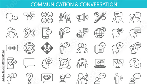 Communication and Conversation Line Icon Set with Speech Bubbles, Chat, Feedback, Support, Voice Message, Social Interaction and Online Meeting Symbols Vector Collection