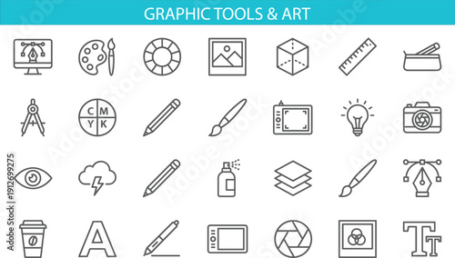 Creative Design and Art Line Icon Set with Graphic Tools, Painting, Drawing, Photography, Typography and Digital Media Symbols Vector Collection