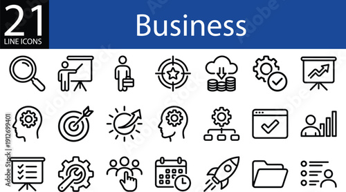 Business line icon set in outline style, search, presentation, target, gear, and analytics