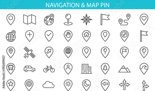 Navigation and Map Pin Line Icon Set with Location Markers, GPS Symbols, Travel Routes, Compass and Direction Signs Vector Collection