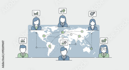 Global Business Team Meeting with World Map Backdrop.