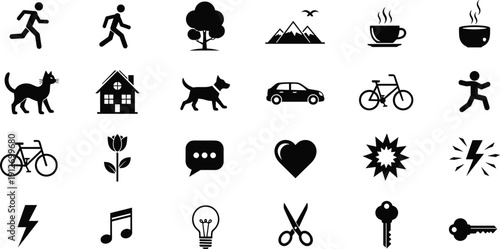 Collection of black lifestyle icons and symbols featuring running, cycling, nature, pets, home, coffee, music, ideas, and various daily activities.