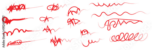 Red Marker Scribble Strokes Collection Set. Set of red marker scribble strokes and highlights isolated on transparent background, ideal for design elements, annotations, and creative accents.
