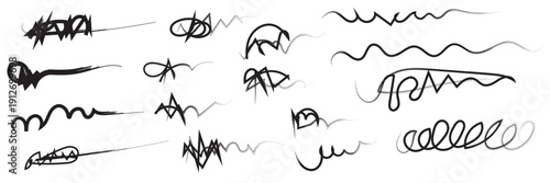Black Marker Scribble Strokes Collection Set. Set of black  marker scribble strokes and highlights isolated on transparent background, ideal for design elements, annotations, and creative accents.
