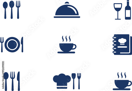Collection of dark blue restaurant and cafe on white