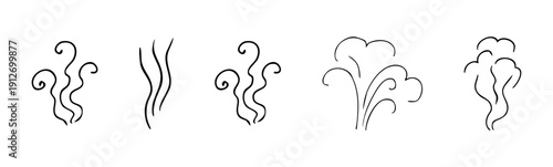 Smell steam and smoke lines icons set. Air wind and scent linear hand drawn doodle. Hot vapor, aroma, smell, waves from food sketch.