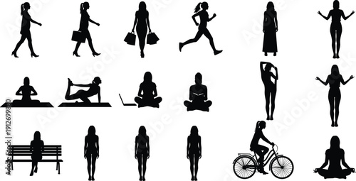 Collection of black woman silhouettes performing various daily activities including walking, running, shopping, cycling, yoga, meditating, and working on laptop.