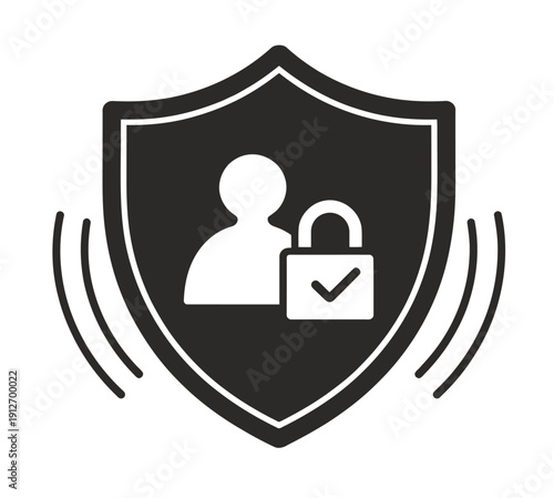 User authentication identity protection shield icon with signal waves, padlock, and checkmark symbol, representing verified access, secure login, profile safety, cybersecurity, authorization protocol 
