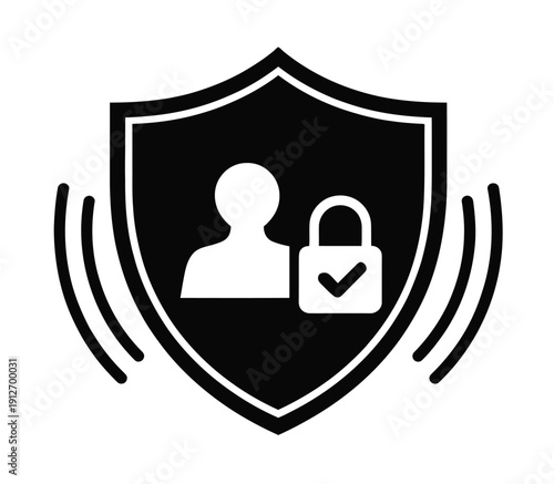 User authentication identity protection shield icon with signal waves, padlock, and checkmark symbol, representing verified access, secure login, profile safety, cybersecurity, authorization protocol 