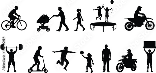 Collection of family and sports silhouettes featuring cycling, walking with stroller, jumping on trampoline, weightlifting, motocross, and active outdoor recreation.