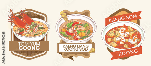 Traditional Thai Shrimp Soup Illustration Set - Authentic Tom Yum Goong, Kaeng Liang, and Kaeng Som Spicy Curry Labels