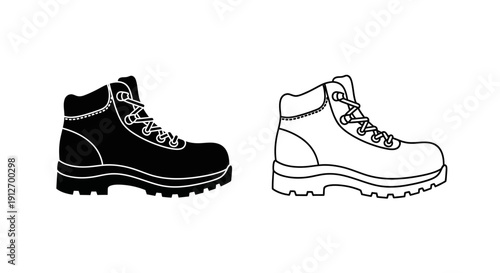 Black and white hiking boots illustration, outdoor footwear, shoes design, adventure gear Vector