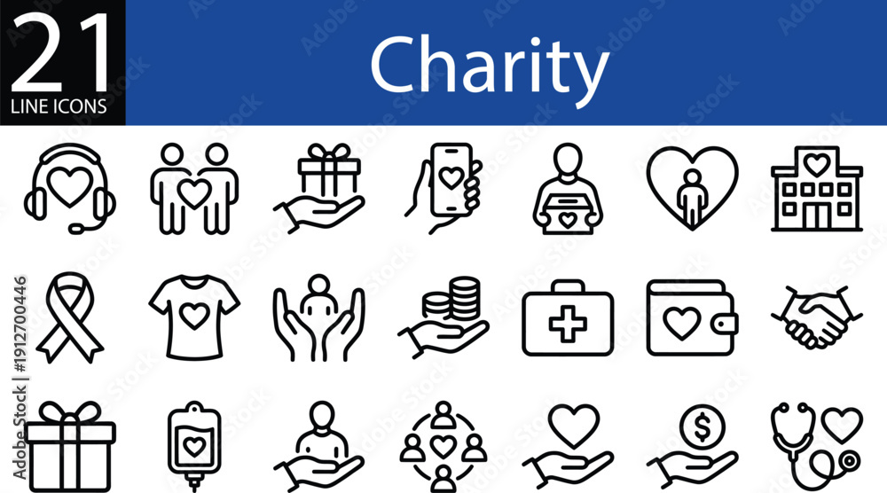 Fototapeta premium Charity line icons set, outline vector collection, donation, volunteer, heart, medical aid, and fundraising