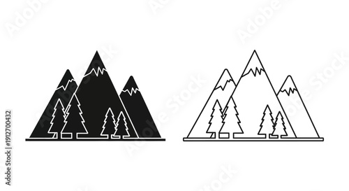 Black and white mountain landscape with trees and snow, winter scene, nature illustration Vector
