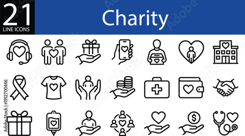 Charity line icons set, outline vector collection, donation, volunteer, heart, medical aid, and fundraising