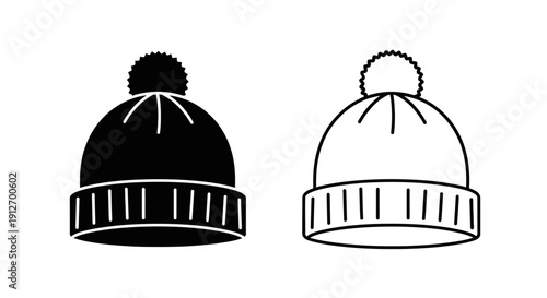 Two winter hats with pom poms, black and white, simple line drawing, minimalist design Vector
