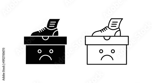 Sneaker boxes with sad faces and paper tabs, minimalist illustration Vector