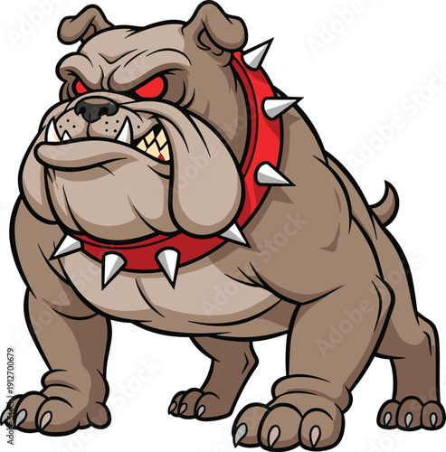 Powerful bulldog mascot illustration with red spiked collar and angry expression for sports team logo, guard dog security, and strength.
