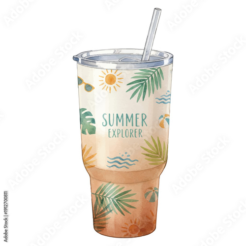Travel Mug with Tropical Summer Pattern, Reusable Drink Cup, Watercolor Vector Illustration Isolated on White
