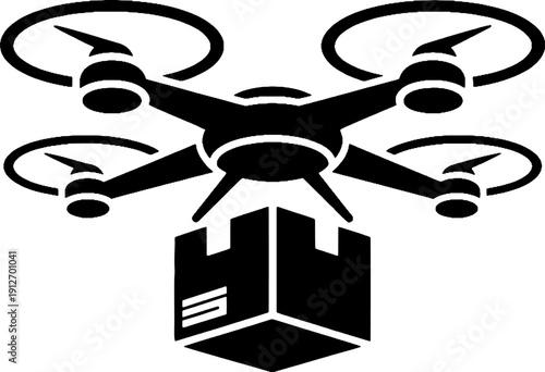 Autonomous Delivery Drone Icon, Air Cargo Transport, Courier and Logistics Black Silhouette