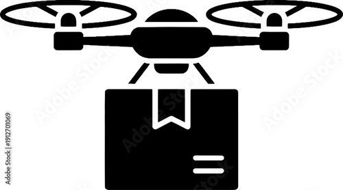 Flying Drone with Parcel Icon, Automated Delivery Service, Modern Logistics Technology Glyph