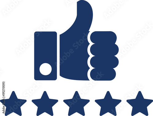 Dark blue thumbs up with five stars rating approval