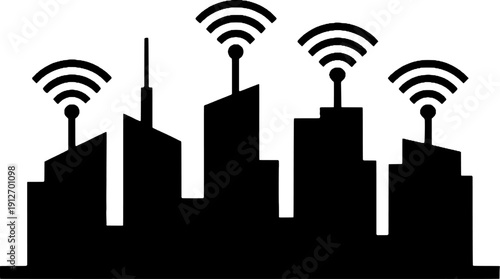 Connected City Icon with WiFi Signals, Smart Infrastructure and Digital Communication Concept