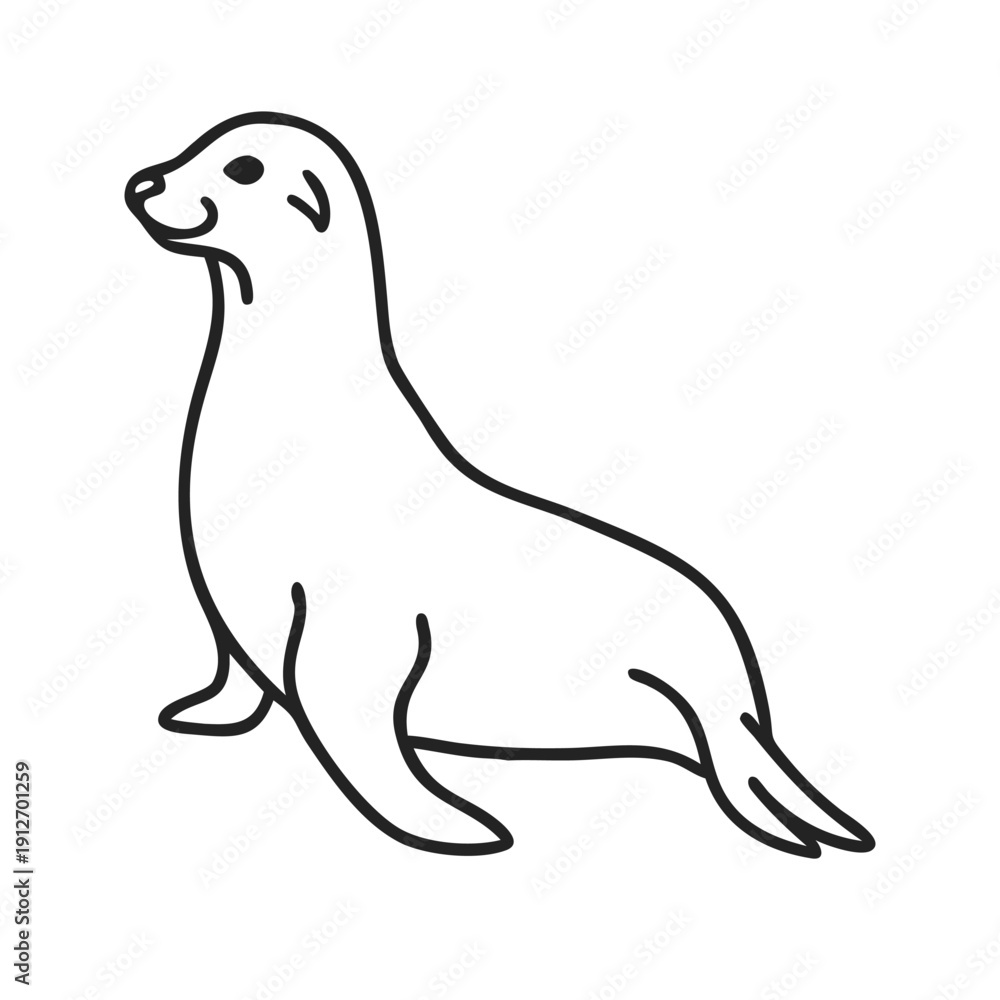 Fototapeta premium Minimal sea fur seal line art vector illustration in clean outline style. Full body fur seal lying in side view, isolated on white background.