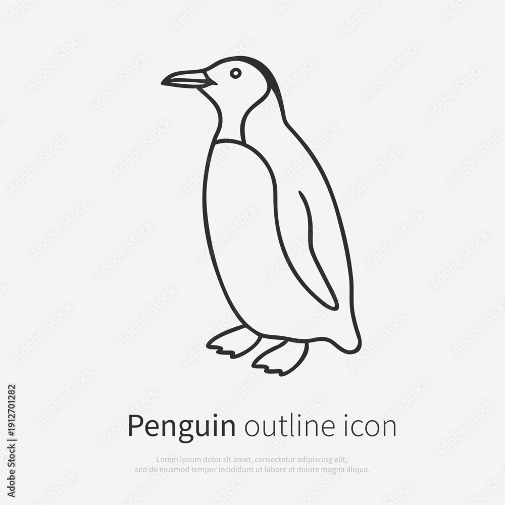 Obraz premium Penguin line art vector illustration in clean outline style. Antarctic penguin standing in side view, isolated on white background.
