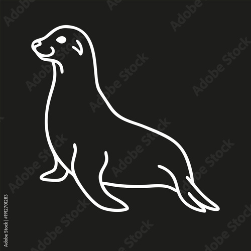 Minimal line art sea fur seal vector illustration in clean outline style. Fur seal lying in side view, white outline artwork isolated on black background.