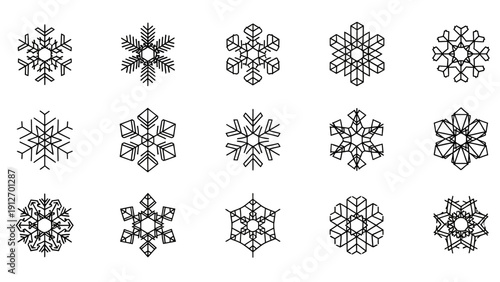 diverse black outline geometric snowflake icons showcasing intricate winter crystal patterns on a clean white background perfect for festive holiday design and seasonal branding.